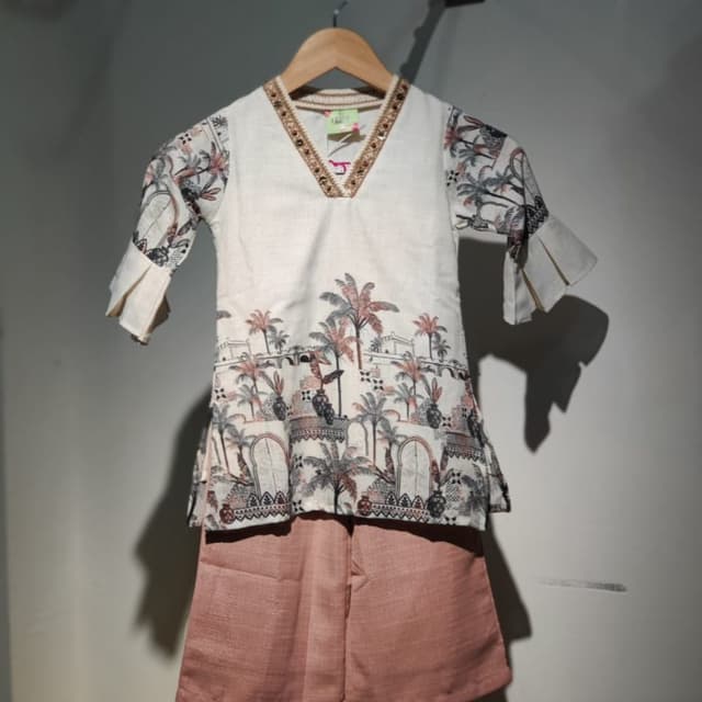 Cream, Brown, Pink Kurta with Shorts