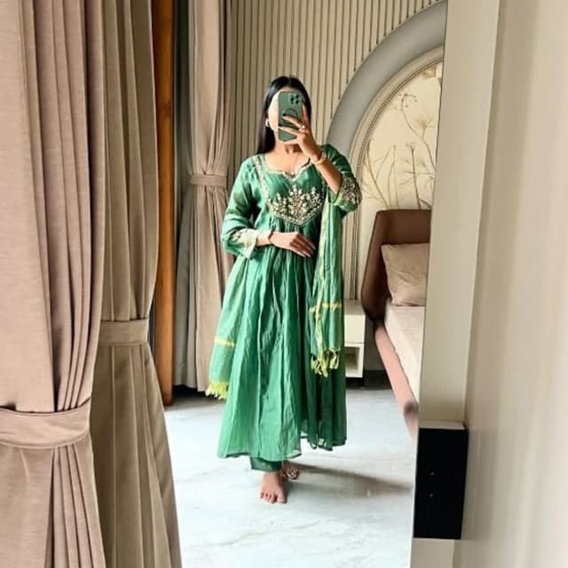 Green, Gold Anarkali Suit
