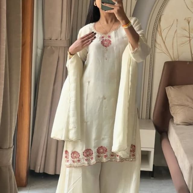 Ivory and Red Salwar Kameez