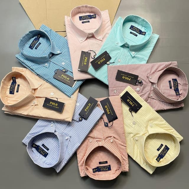 Various pastel colors including light blue, pink, mint green, tan, and yellow, with a gingham check pattern. Shirt