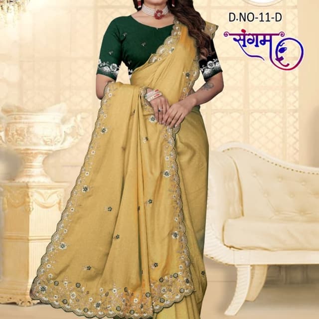 Mustard Yellow, Green, White, Black Saree