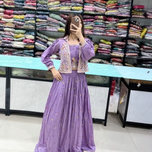 Purple, Gold, and Pastel Shades Lehenga Set (Skirt, Crop Top, Jacket)