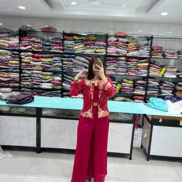 Red, Cream, Gold Jacket, Crop Top, Trousers