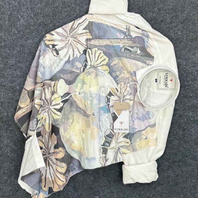 Cream, White, Gray, Yellow, and Brown with Multicolored Floral Print Shirt