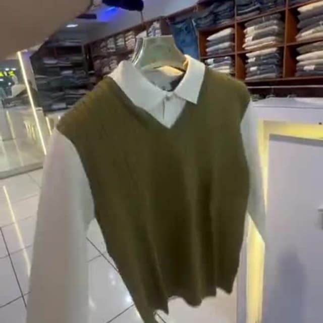 Green and White Sweater Vest with Shirt