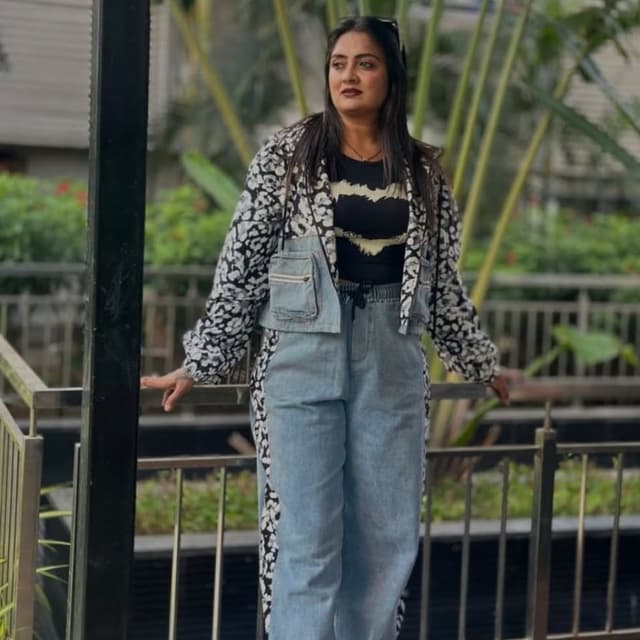 Black, White, Blue Jacket, Jeans, Top