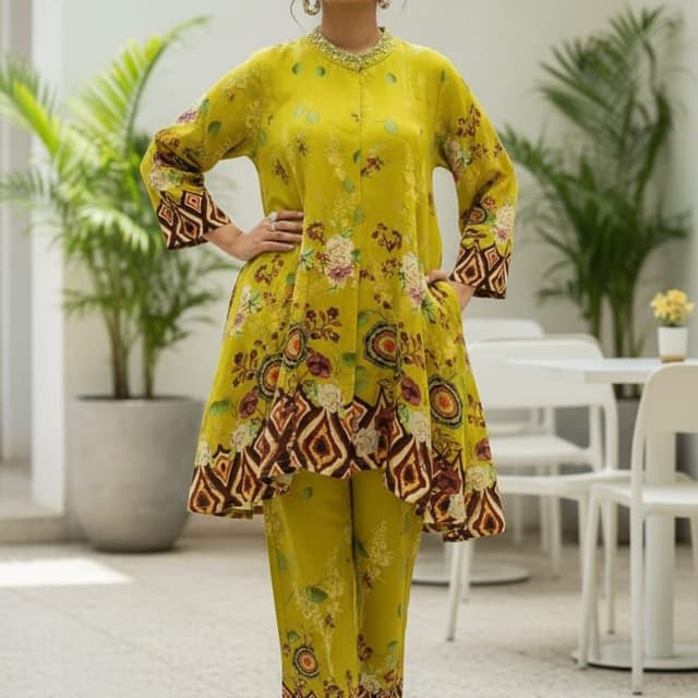 Lime Green, Brown, White, and hints of Red Kurta and Pants Set