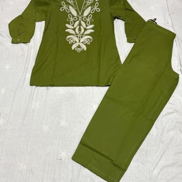 Olive Green and Off-White Kurta and Pants Set