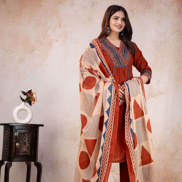 Red, Beige, Blue Salwar Suit