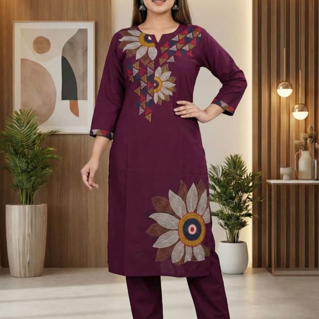 Burgundy, with accents of yellow, blue, white, and brown Kurta and Pants Set