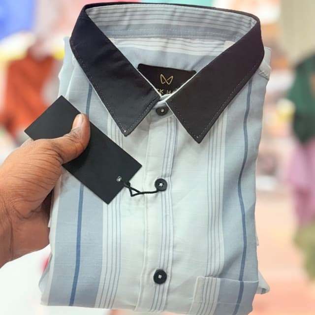 White, Light Blue, Black Shirt