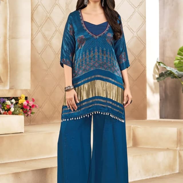 Teal, Gold, and Red accents Palazzo Suit