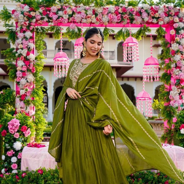 Olive Green with Gold accents Anarkali Suit