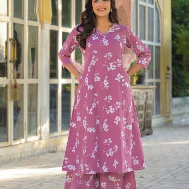 Mauve and White Kurta with palazzo pants