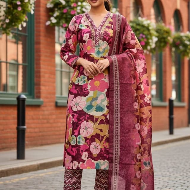 Burgundy, Pink, Yellow, Green, White Salwar Kameez