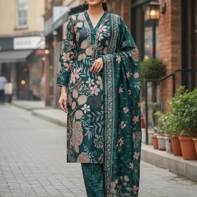 Emerald green, with accents of peach, cream, and olive green Salwar Kameez Suit