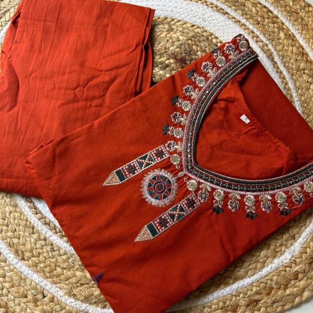 Red, with multi-colored embroidery Kurta with pants