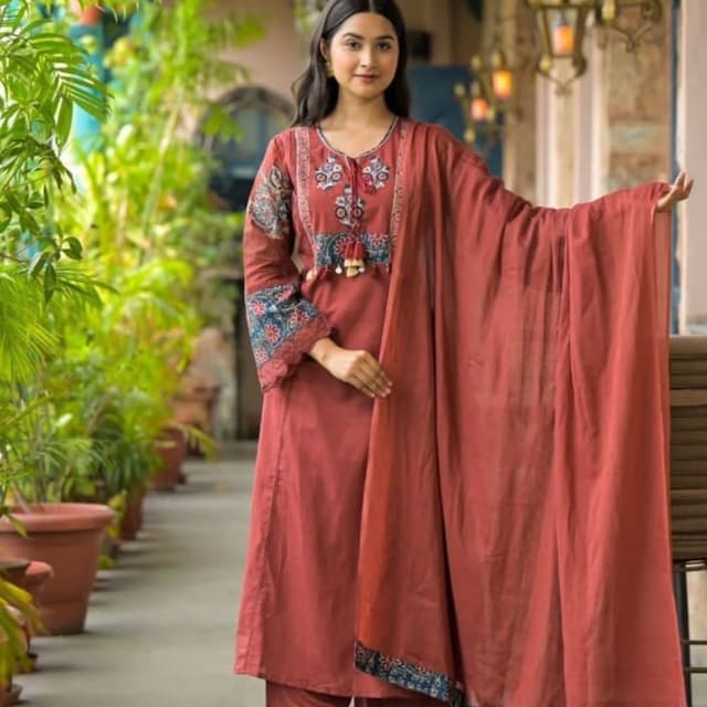 Red-brown, blue, white, and cream Salwar Suit Set