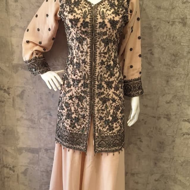 Pale peach and black Jacket with Long skirt