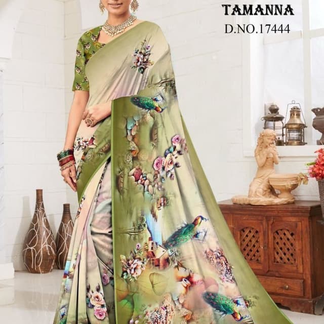 Olive green, Cream, Pink, Green, and hints of Blue Saree