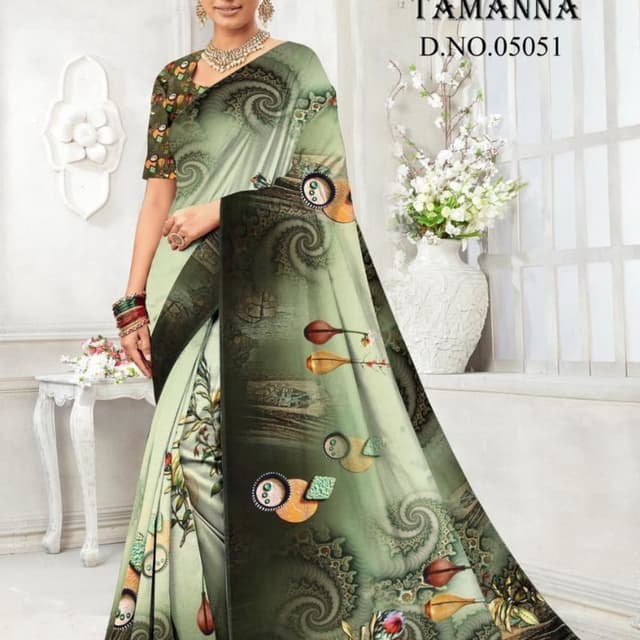 Green, Beige, Brown, and hints of Yellow and Orange Saree