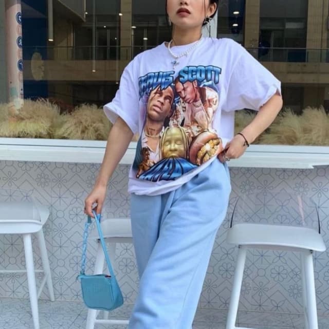 White, Light Blue, and Multicolor graphic print T-shirt and Sweatpants