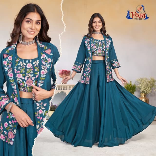 Teal, Pink, White Lehenga Choli with Jacket