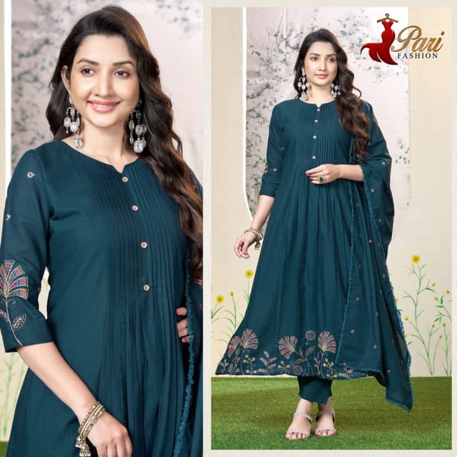 Teal, with accents of gold, pink, and green Anarkali Suit