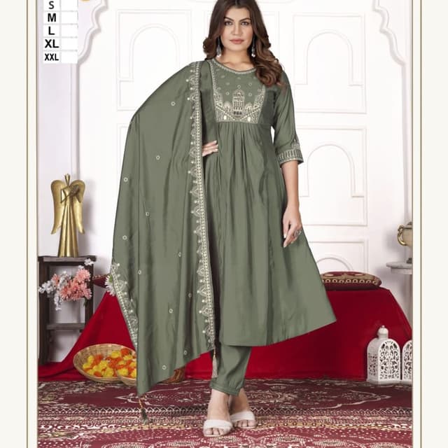 Olive Green with Off-White accents Salwar Suit Set with Dupatta