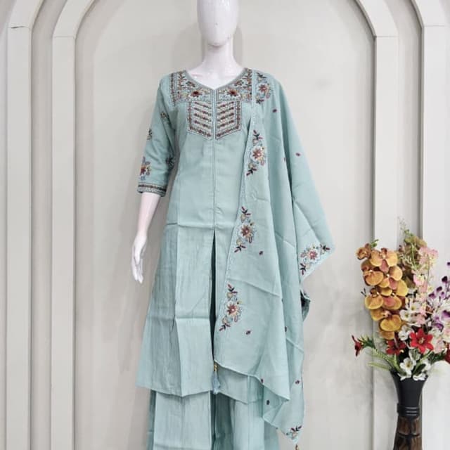 Light Blue, with embroidery in brown, red, green and cream Kurta Set with Dupatta