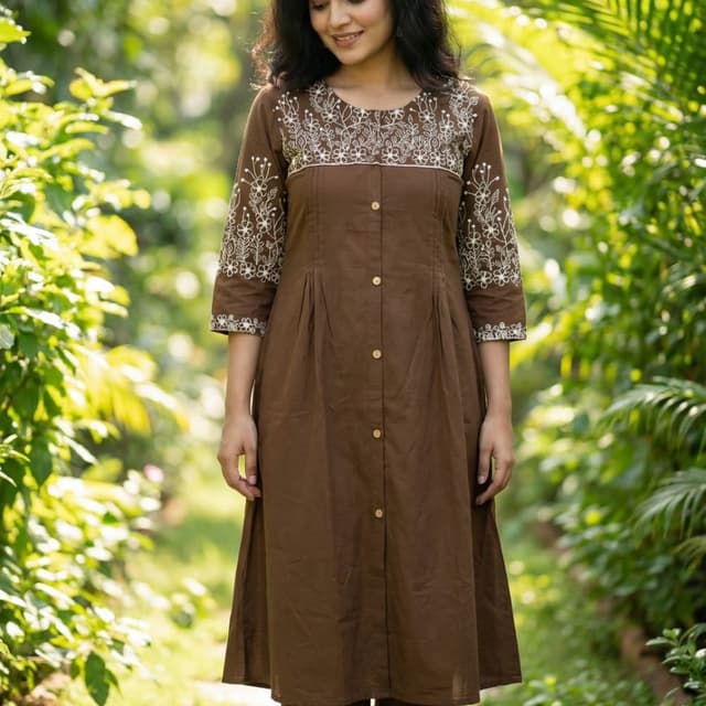 Brown and White Kurta with Pants