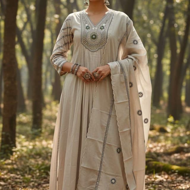 Pale Beige, Silver Anarkali Suit