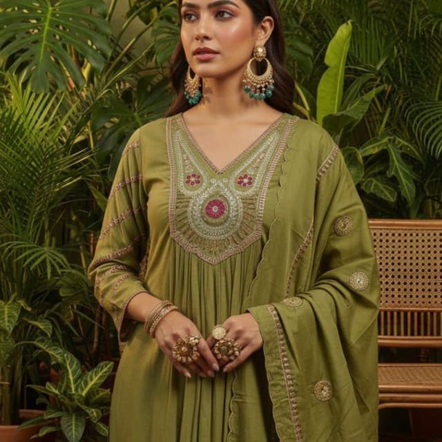 Olive Green, Pink, Gold Anarkali Suit