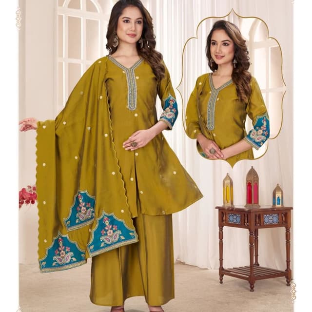 Mustard yellow with teal and multicolored embroidery Salwar Kameez Suit