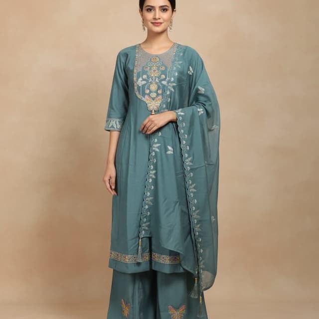 Teal, Multicolor Palazzo Suit Set