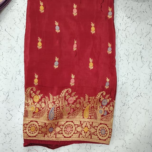 Red, Gold, and assorted pastel colors (pink, yellow, blue) Saree