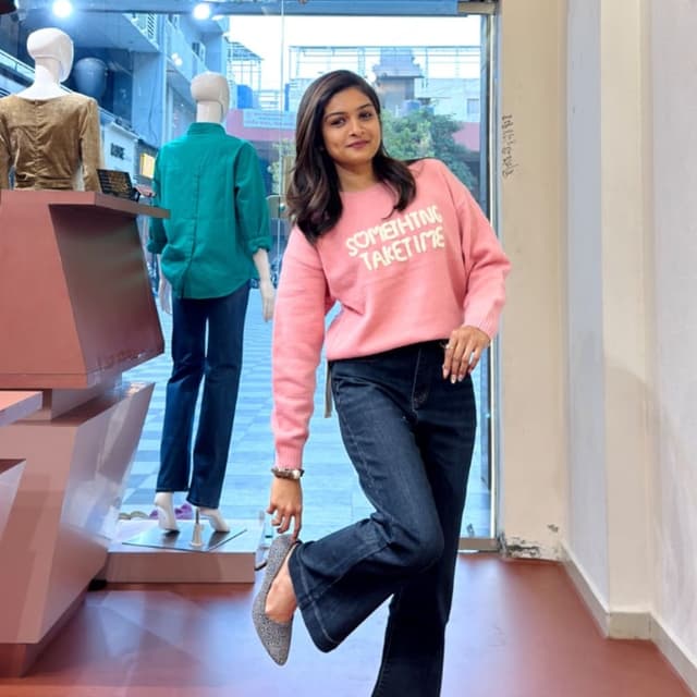 Pink, Dark Blue, Gray Sweater, Jeans, Shoes