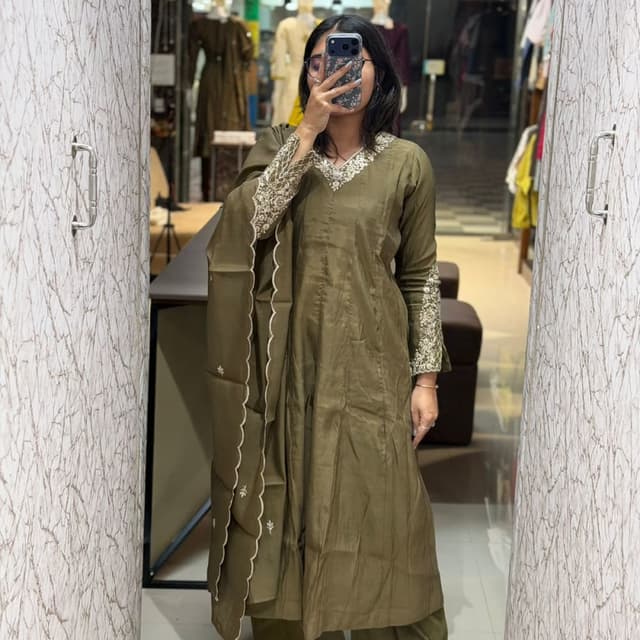 Olive Green and White Salwar Kameez with Dupatta
