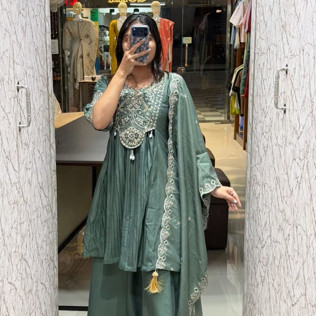 Teal, White, Gold Kurta with Palazzo and Dupatta