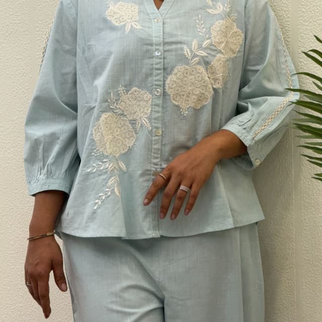 Light Blue and Off-White Top and Pants Set