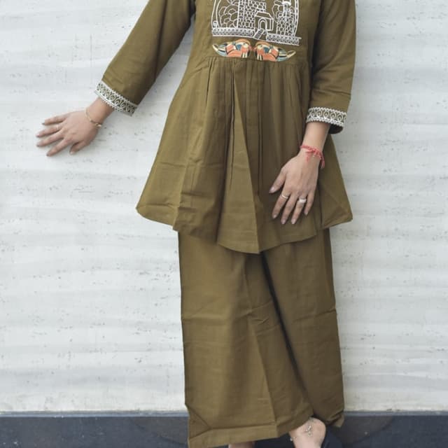 Olive green, white, orange Kurti and Palazzo Set