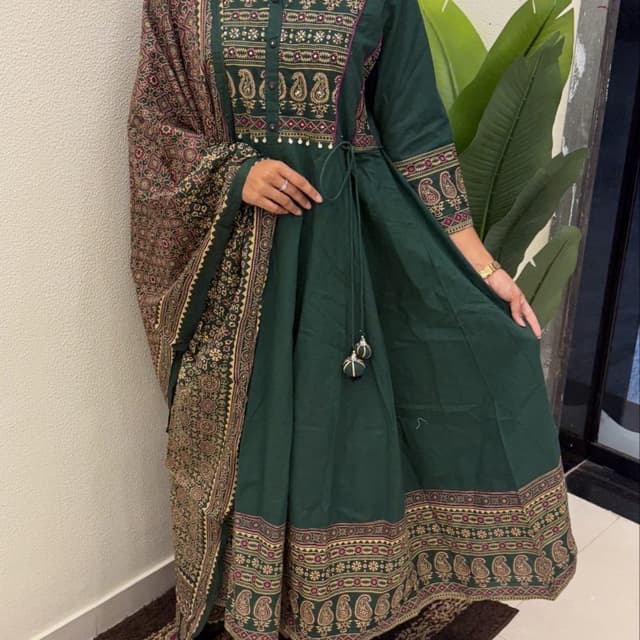 Emerald Green, Beige, Burgundy, and Gold Dress with Dupatta