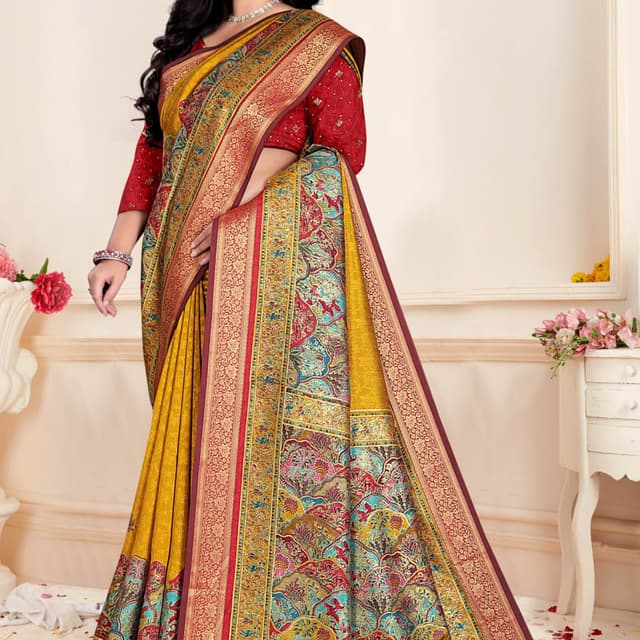 Mustard Yellow, Maroon, Red, Teal, Gold Saree