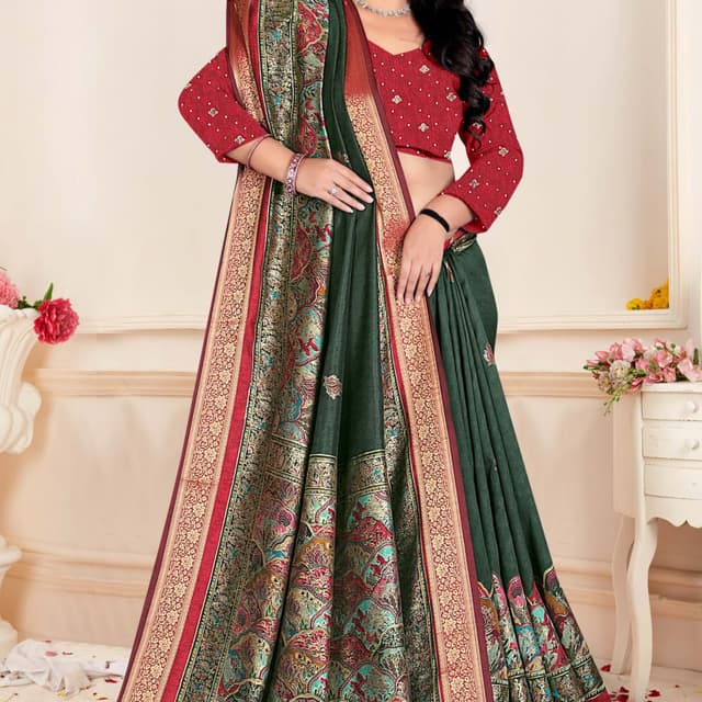 Red, Green, Gold, and Teal Saree