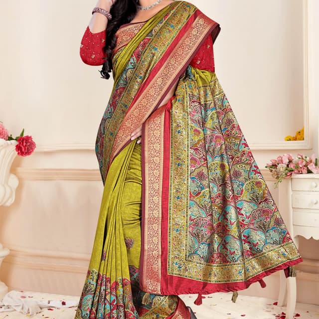 Olive Green, Red, Gold, Turquoise Saree