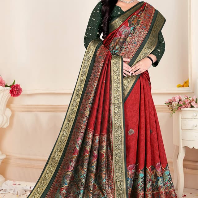 Red, Green, Gold, and a mix of multicolor details. Saree