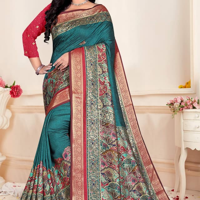 Teal, Red, Gold Saree