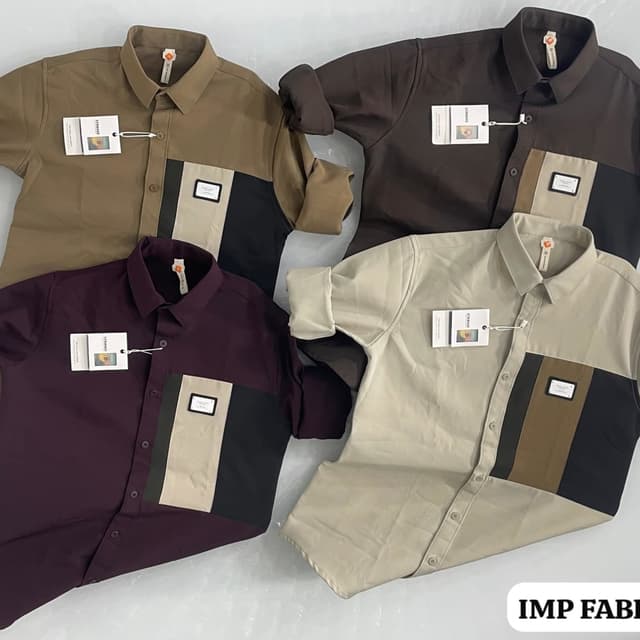 Various, including olive green, deep burgundy, brown, beige, black, and cream. Shirt