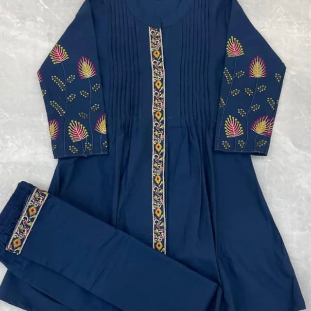 Navy blue, with accents of yellow, pink, and green Kurta with pants