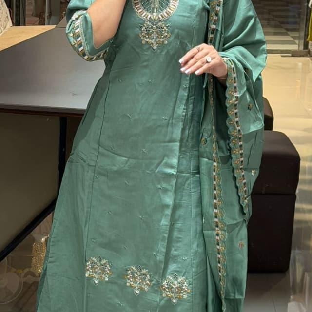 Sage Green with gold, white, and other complementary colors. Kurta with Palazzo and Dupatta